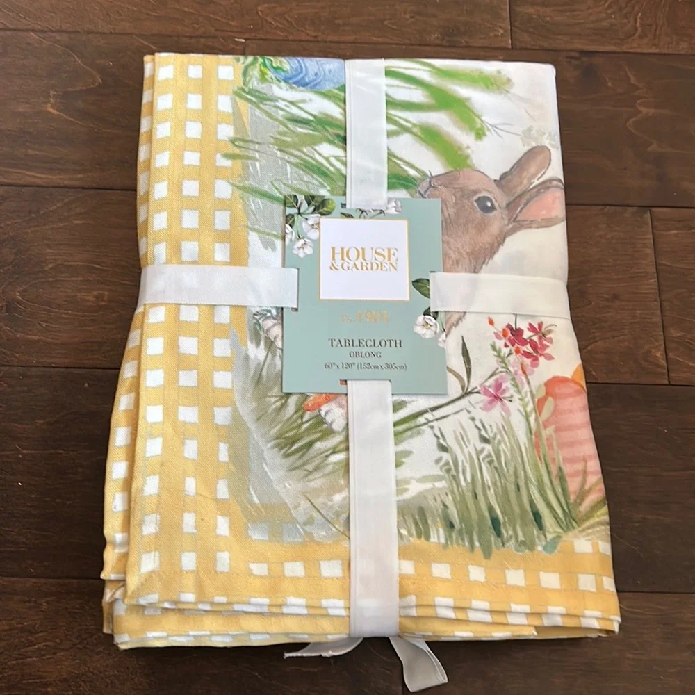 House & Garden Easter Eggs Bunny Tablecloth 60”x 120” Plaid Print